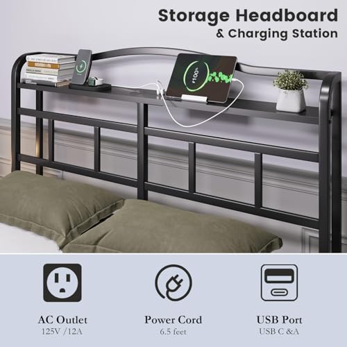 Black 14 Inch Full Size Metal Platform Bed Frame with Storage Headboard and Charging Station Z1579