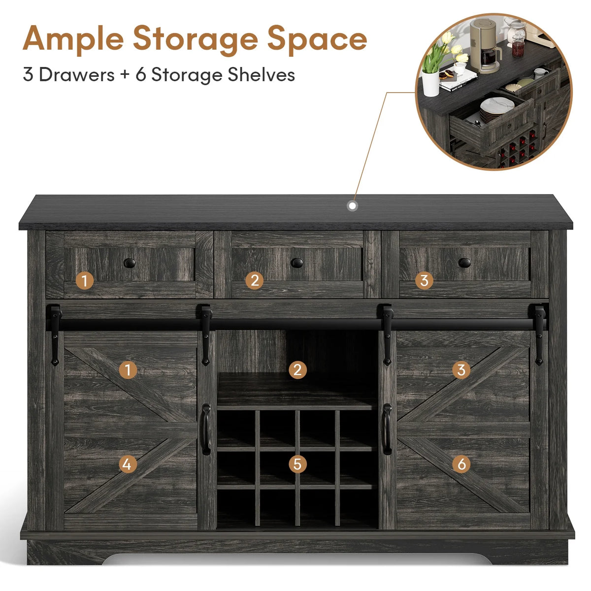 Wood Bar Cabinet with Sliding Barn Door and Wine Rack R327