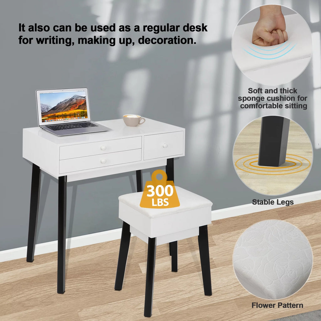 Black and White Vanity Set with Lighted Mirror and Cushioned Stool B29200