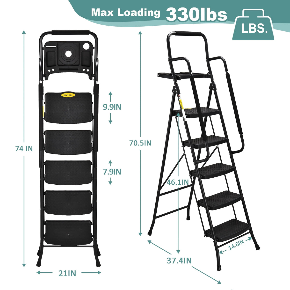 Folding 5-Step Ladder with Handrails and Tool Tray Q218