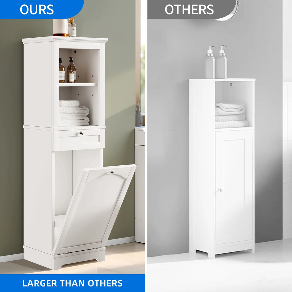 53" Tilt Out Laundry Cabinet with Basket, Drawer, 2 Layer Open Shelf, White I460501
