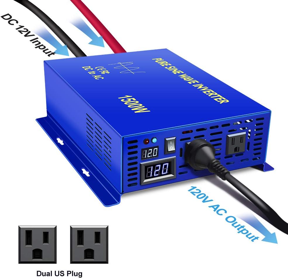 1500W Pure Sine Wave Power Inverter 12V DC to 110V 120V AC E618491