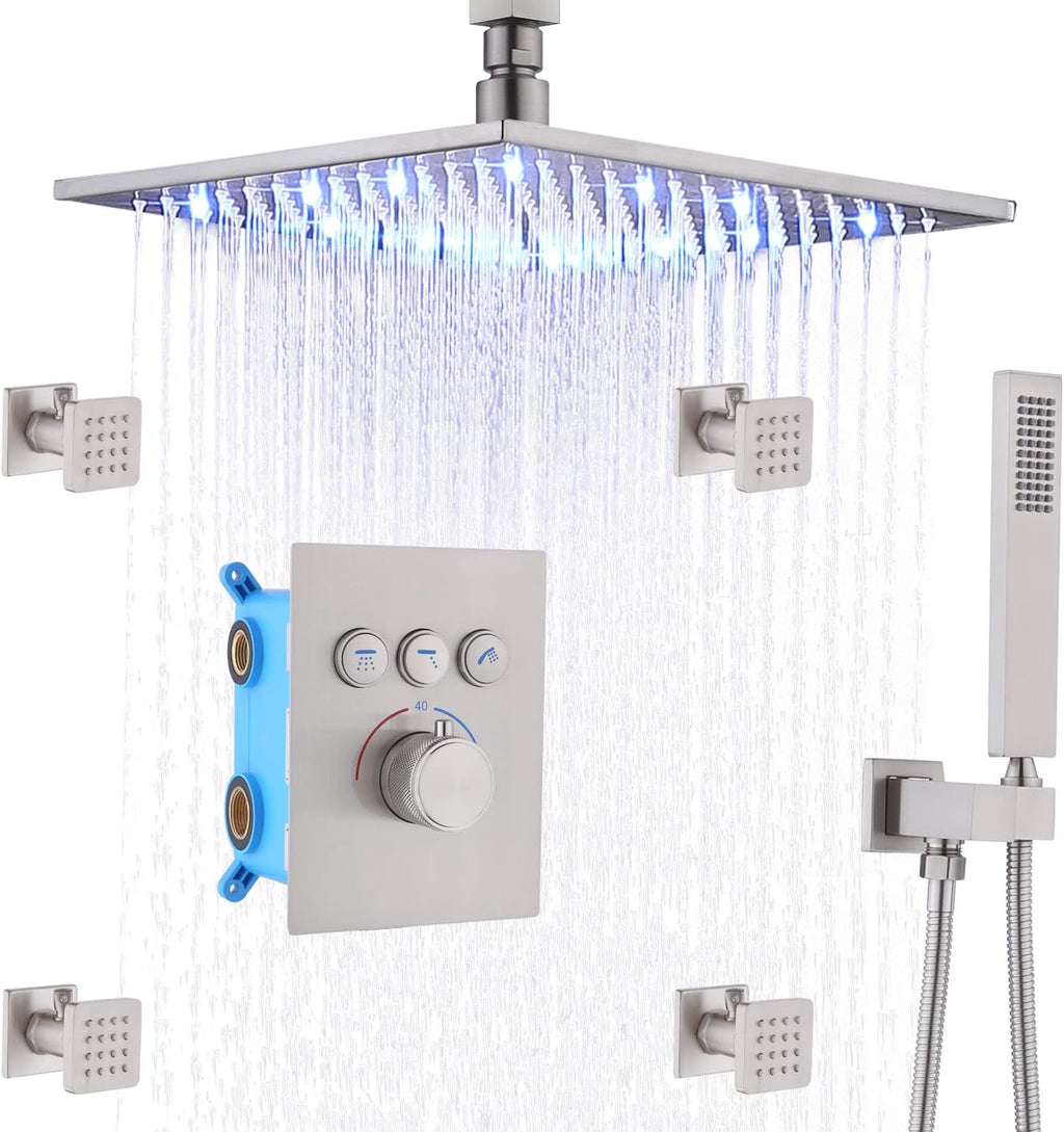 12 Inch Ceiling Rain Shower Head Combo System with Body Jets and Handheld Shower Faucet Set Matte Black Y479371