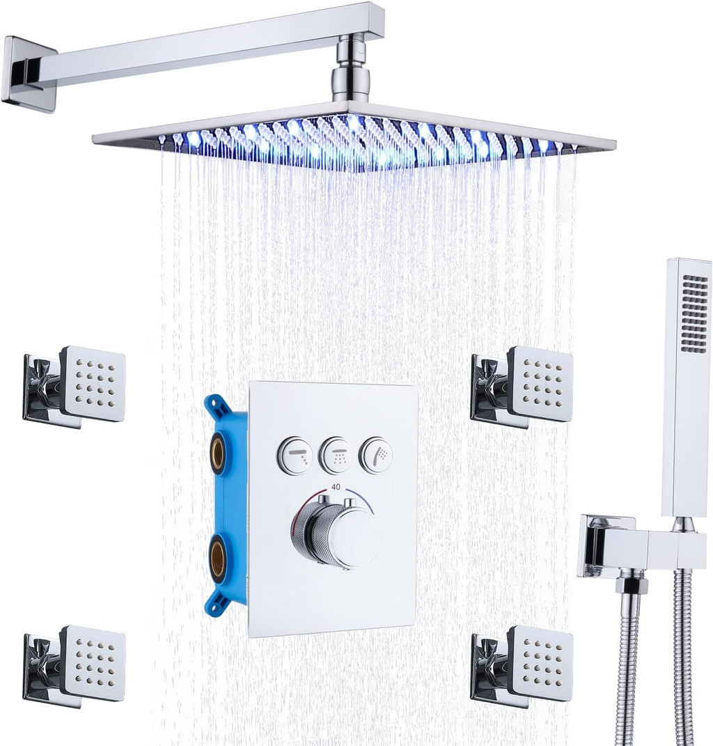 12 Inch Ceiling Rain Shower Head Combo System with Body Jets and Handheld Shower Faucet Set Matte Black Y479371