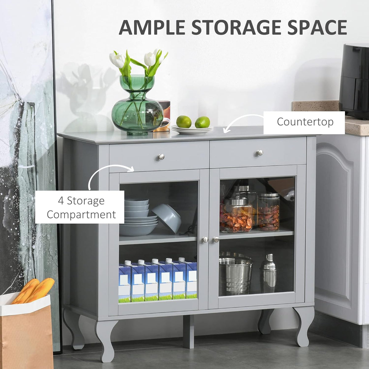 Retro Kitchen Sideboard Buffet Cabinet with Glass Doors and Drawers P3369