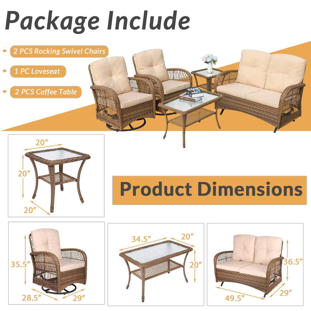 5 Pieces All Weather Wicker Patio Conversation Sofa Set with Glass Coffee Table W43867