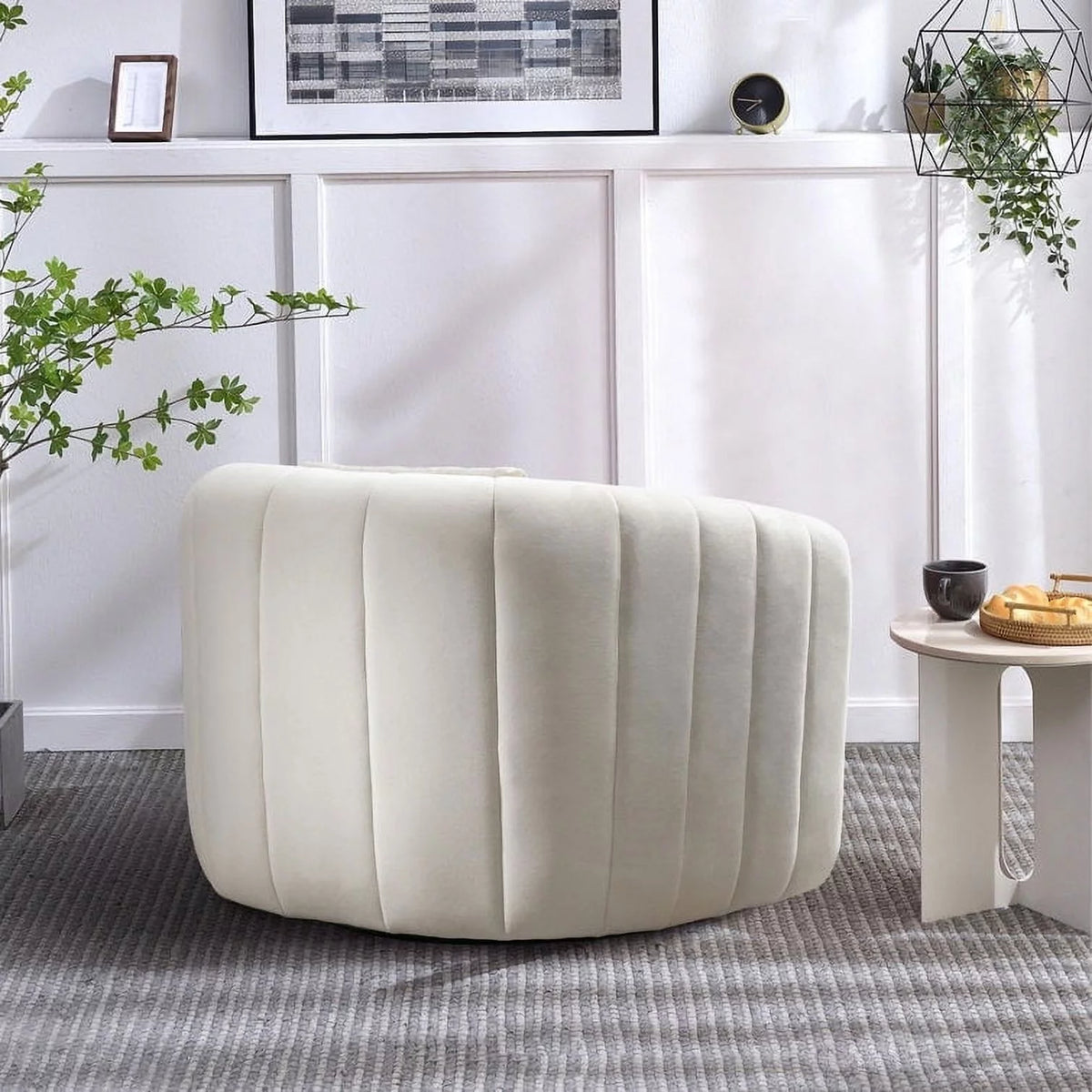 Beige Velvet Swivel Barrel Chair with Pillow N887146