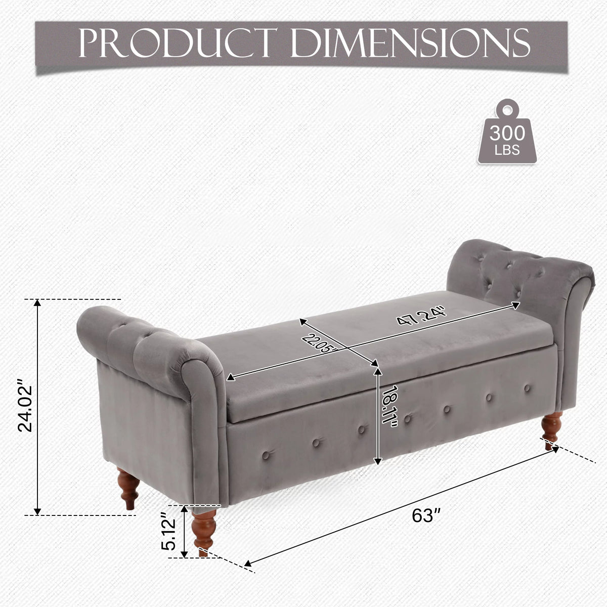 Gray Velvet Upholstered Storage Bench with Arms B312