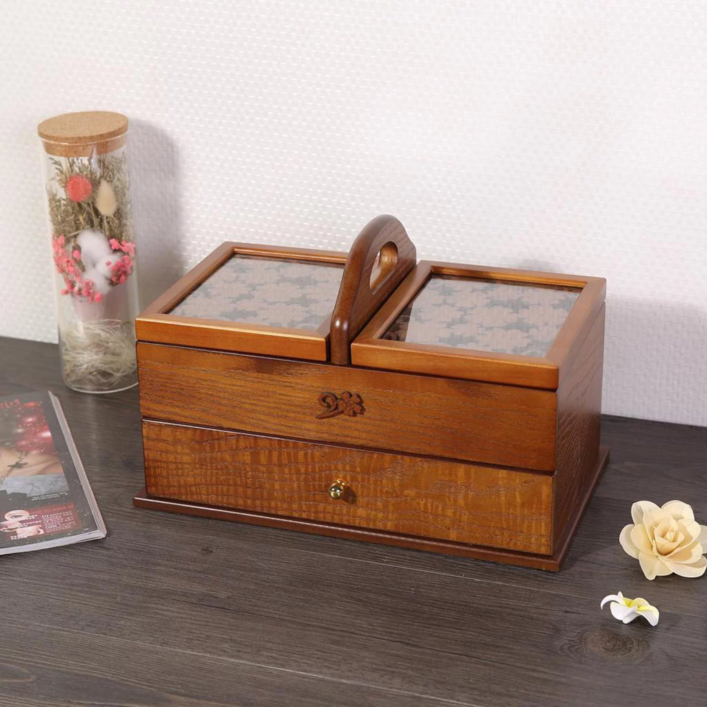 2 Tier Wooden Sewing Basket Jewelry Storage Box Organizer S72767