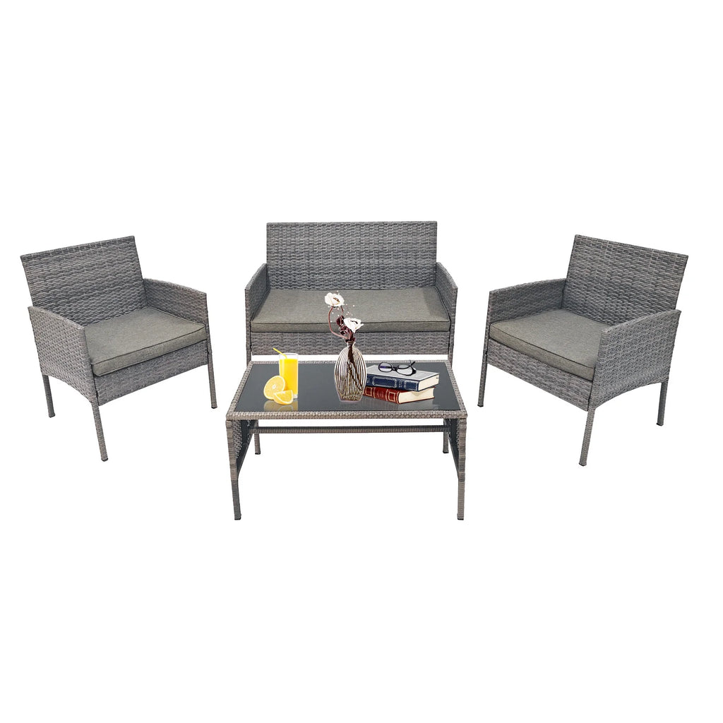 4 Piece Wicker Patio Conversation Furniture Set with Glass-Top Coffee Table & Gray Cushions O230056