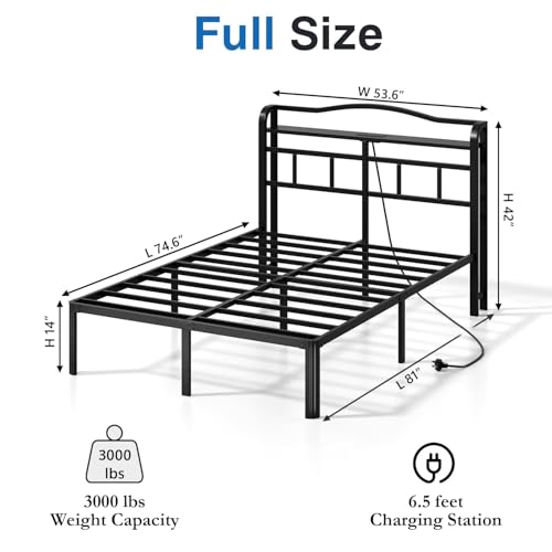 Black 14 Inch Full Size Metal Platform Bed Frame with Storage Headboard and Charging Station Z1579