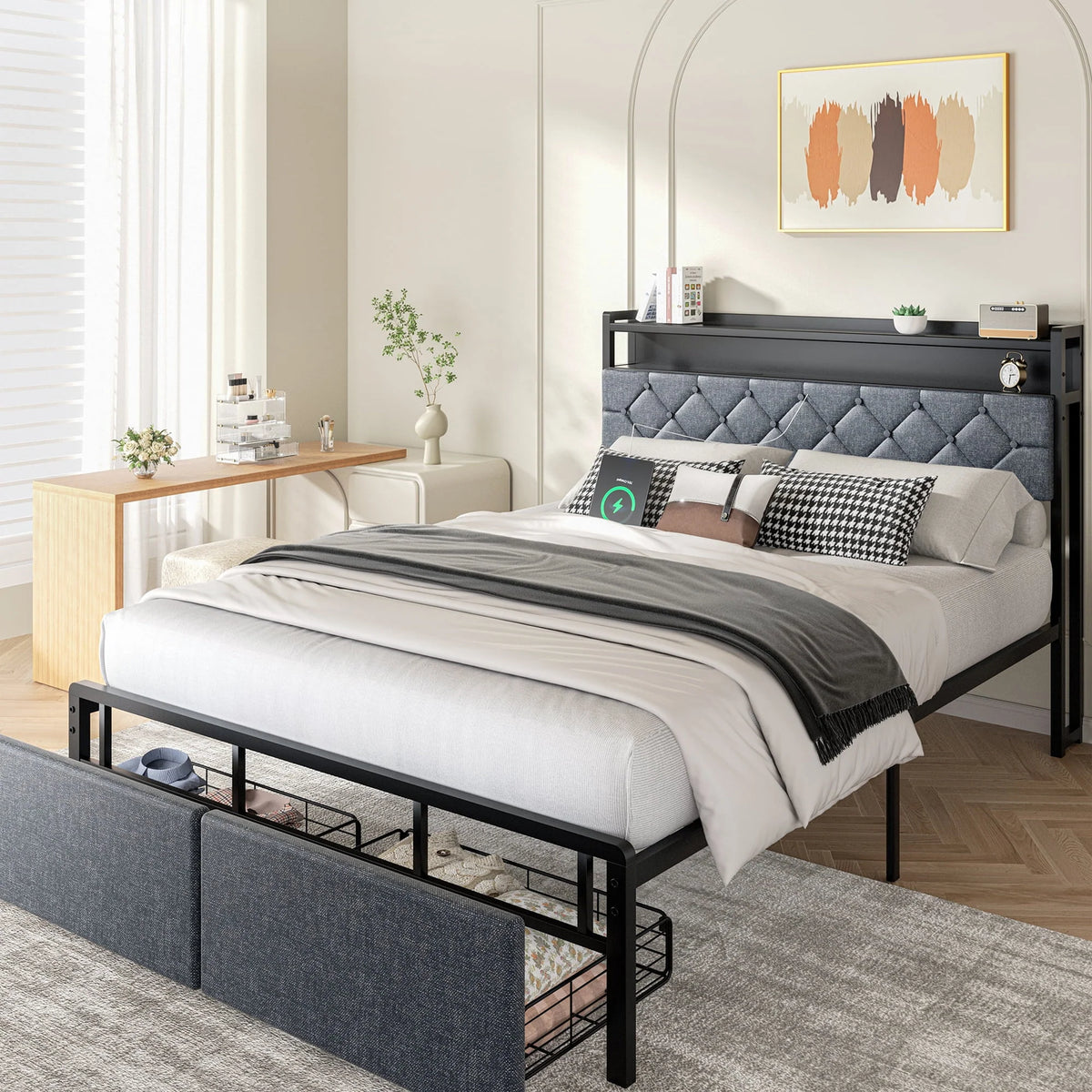 Gold Queen Size Velvet Fabric Headboard Metal Platform Bed V96017