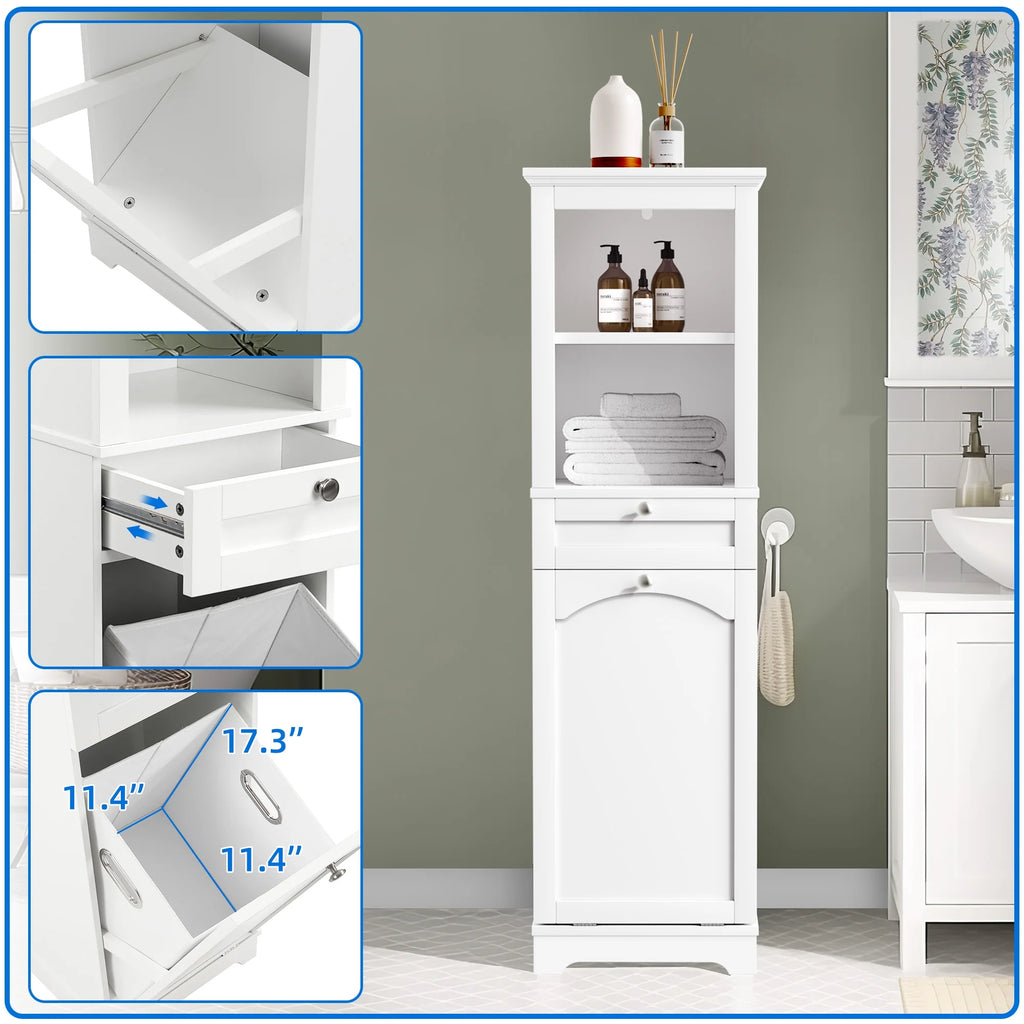 53" Tilt Out Laundry Cabinet with Basket, Drawer, 2 Layer Open Shelf, White I460501