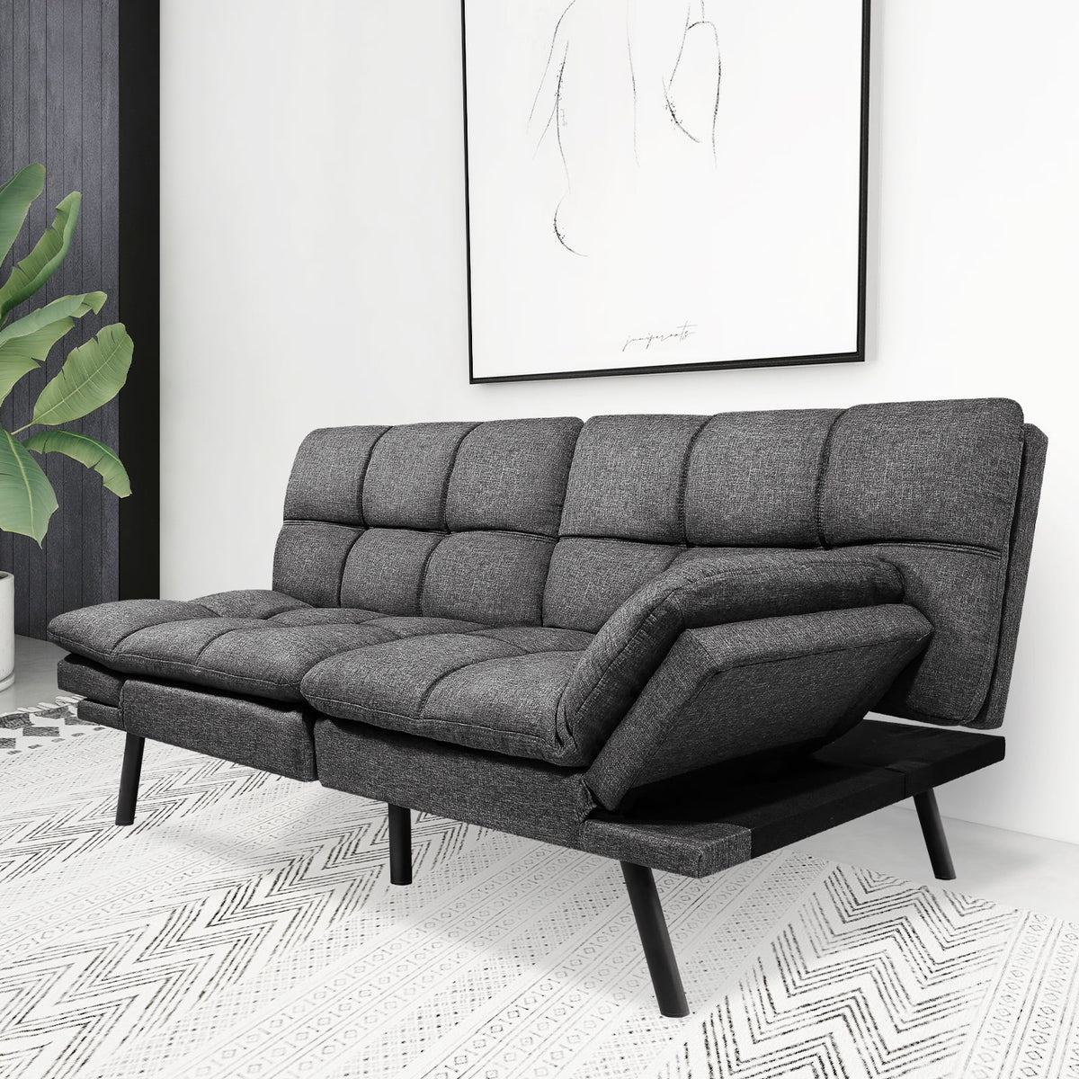 Memory Foam Futon Sofa Bed with Adjustable Armrests and Backrest, Gray P24848
