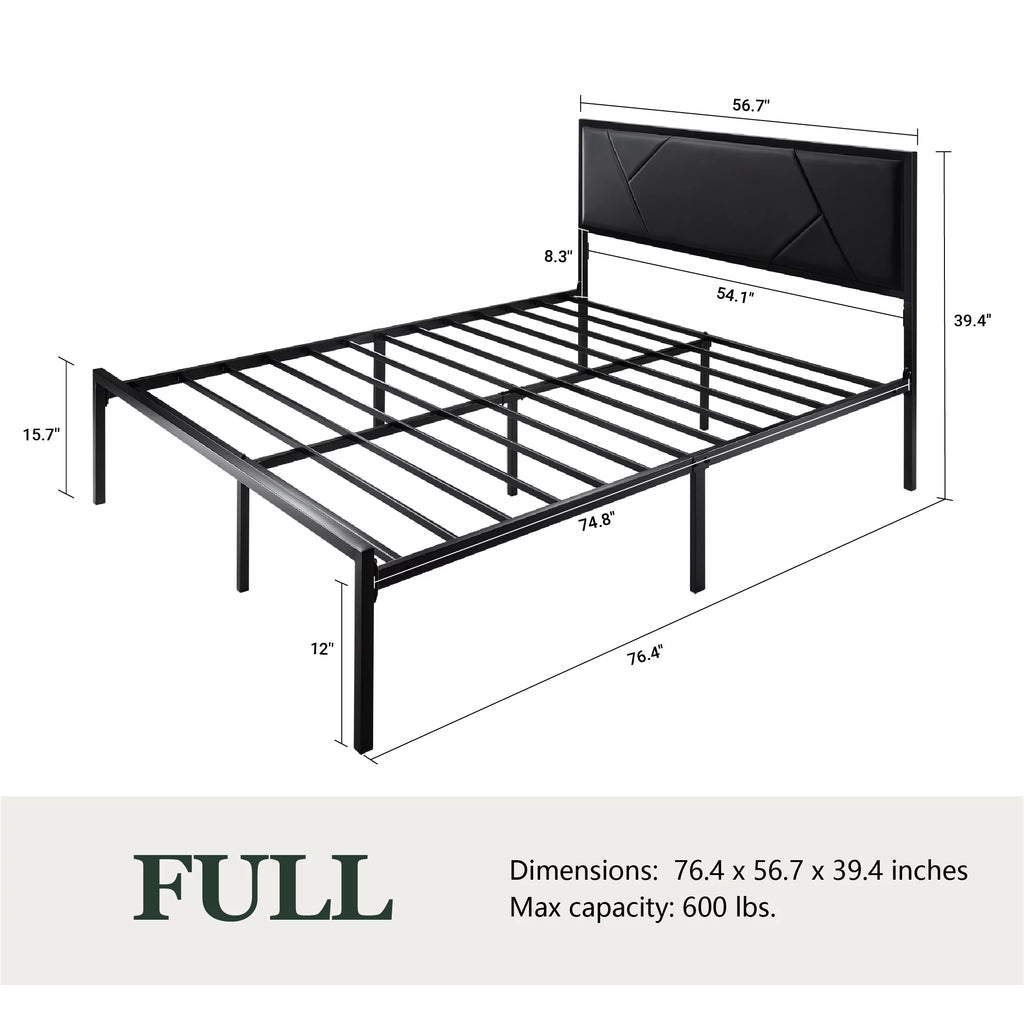 Queen Size Black Metal Bed Frame with Upholstered Headboard X212