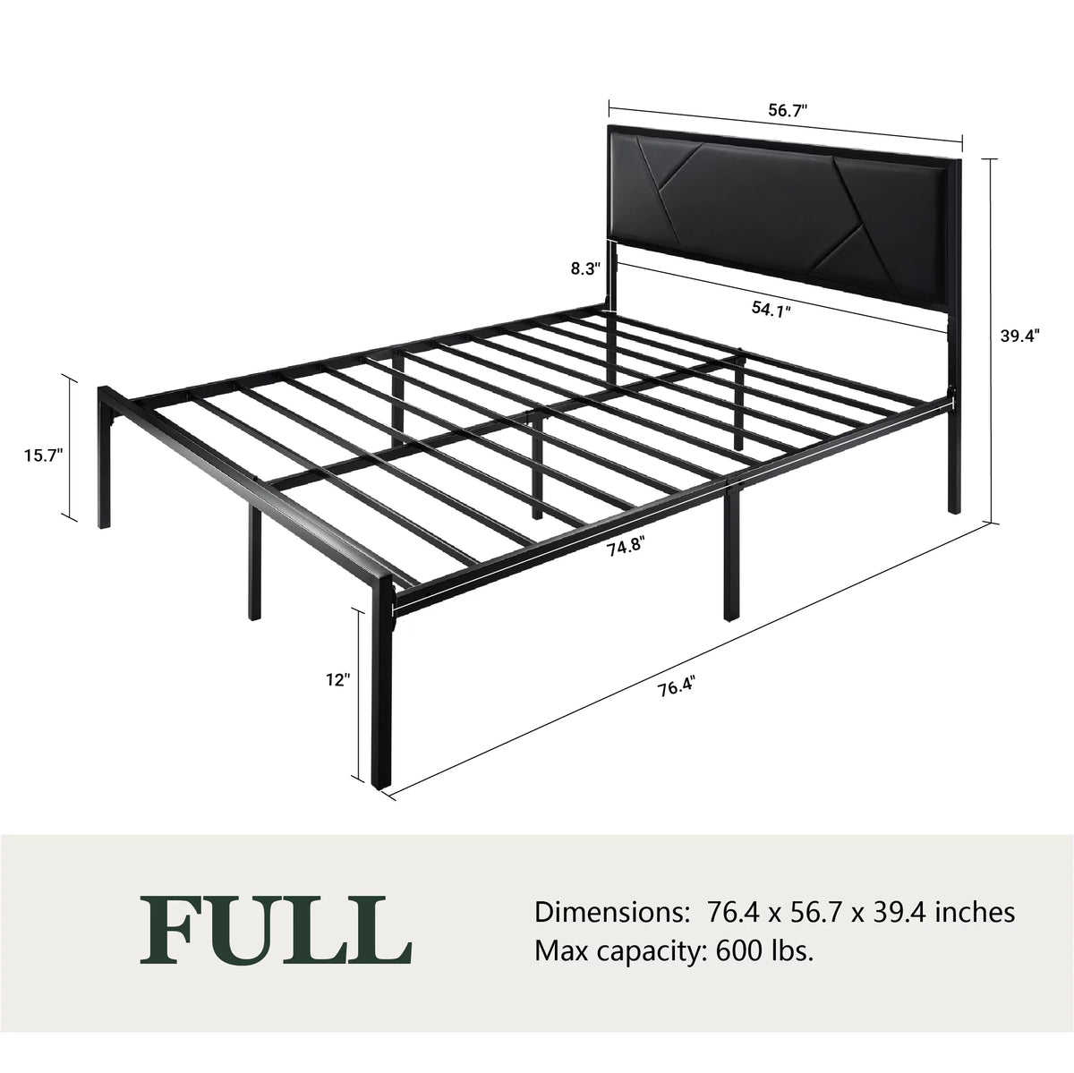 Queen Size Black Metal Bed Frame with Upholstered Headboard X212