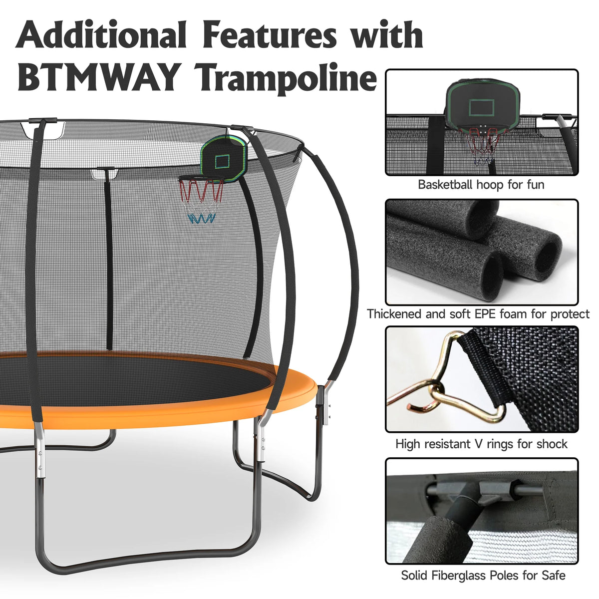 12FT Trampoline with Basketball Hoop and Safety Enclosure Net Y793