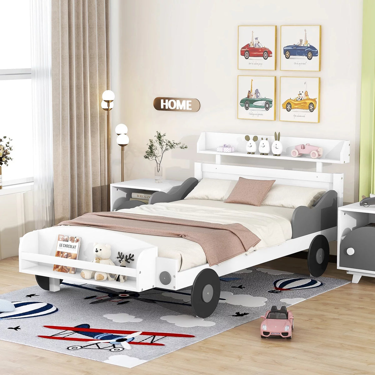 Twin Size Car-Shaped Platform Bed with Storage Shelf D907106