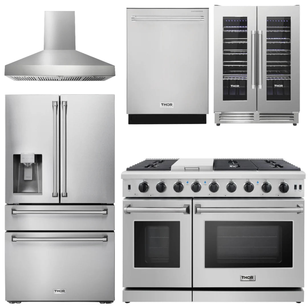 48 In. Gas Range, Range Hood, Refrigerator with Water and Ice Dispenser, Dishwasher, Wine Cooler H9500