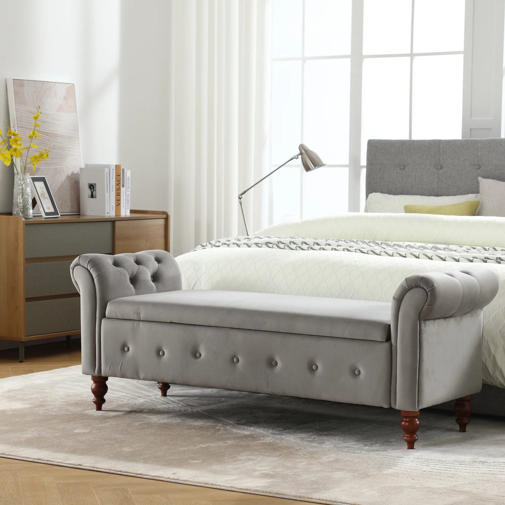Gray Velvet Upholstered Storage Bench with Arms B312