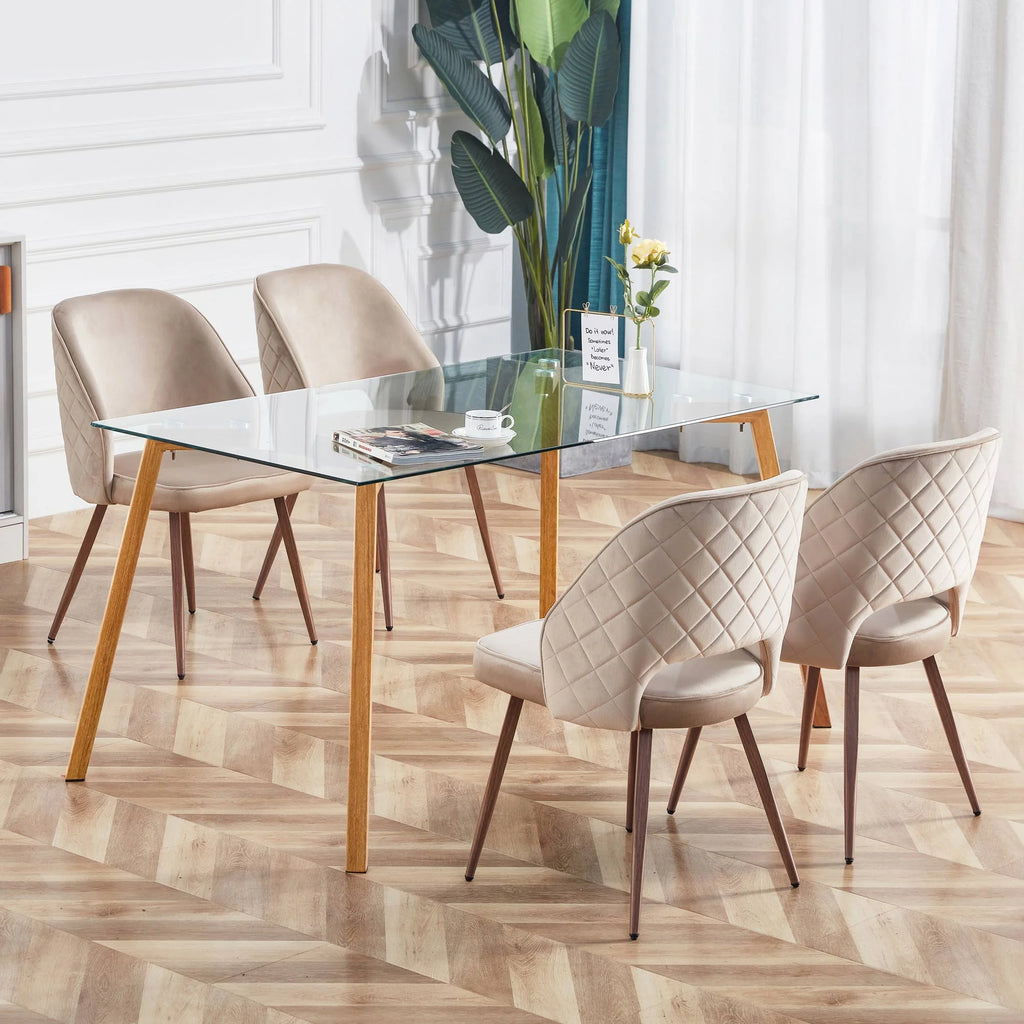 Glass Dining Table Modern Minimalist Rectangular 4-6 31" Tempered Glass Tabletop Black Coating Metal Legs Y58660
