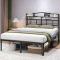 Black 14 Inch Full Size Metal Platform Bed Frame with Storage Headboard and Charging Station Z1579