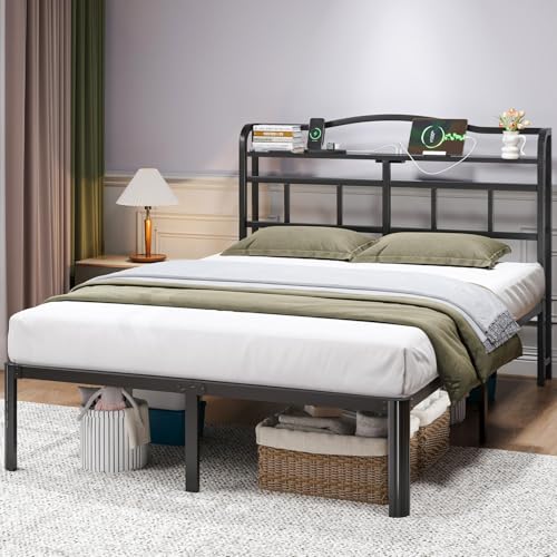 Black 14 Inch Full Size Metal Platform Bed Frame with Storage Headboard and Charging Station Z1579