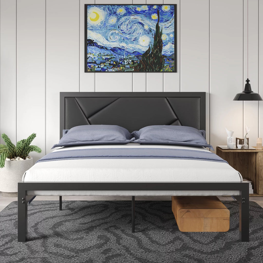 Queen Size Black Metal Bed Frame with Upholstered Headboard X212