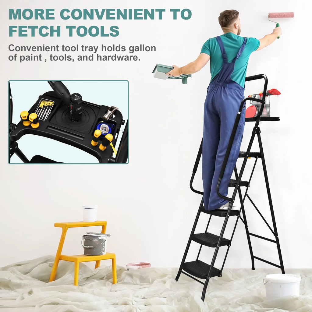 Folding 5-Step Ladder with Handrails and Tool Tray Q218