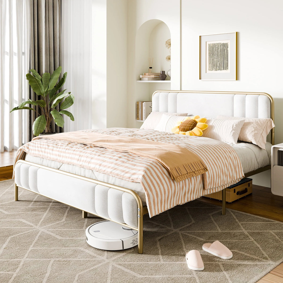 Gold Queen Size Velvet Fabric Headboard Metal Platform Bed V96017
