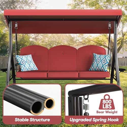3 Seat Outdoor Patio Swing with Stand Adjustable Canopy Wine Red M505698