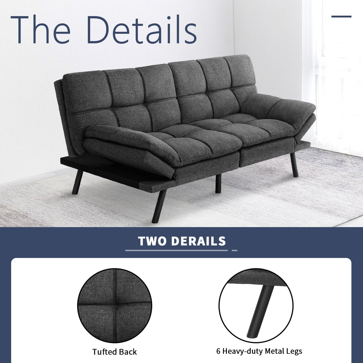 Memory Foam Futon Sofa Bed with Adjustable Armrests and Backrest, Gray P24848