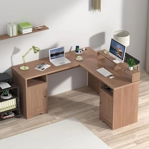 L Shaped Desk with Drawers 60 Inch Corner Computer Desk with USB Charging Port and Power Outlet Oak P887