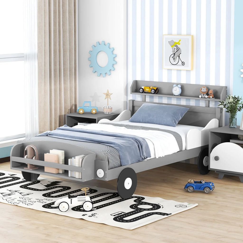 Twin Size Car-Shaped Platform Bed with Storage Shelf D907106