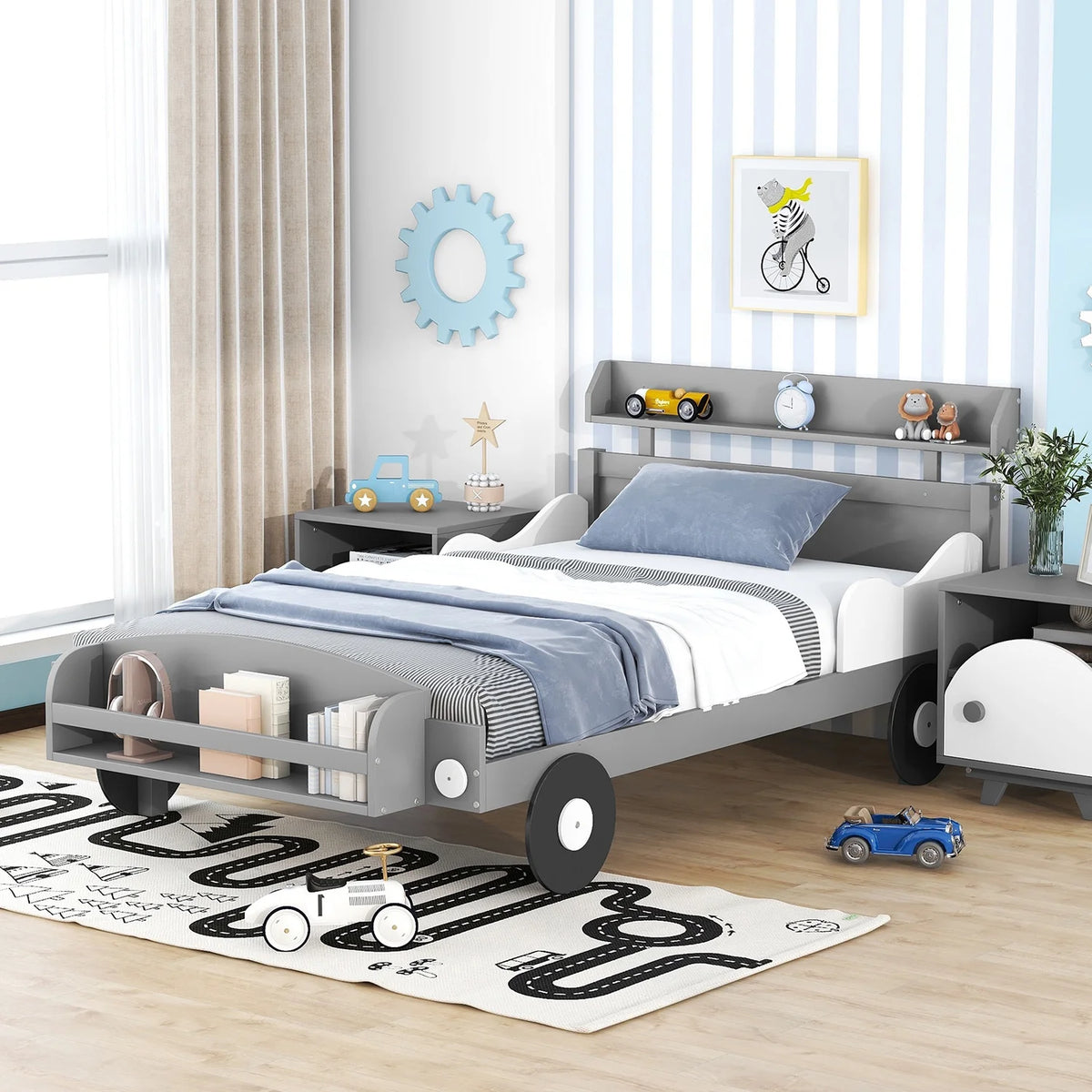 Twin Size Car-Shaped Platform Bed with Storage Shelf D907106