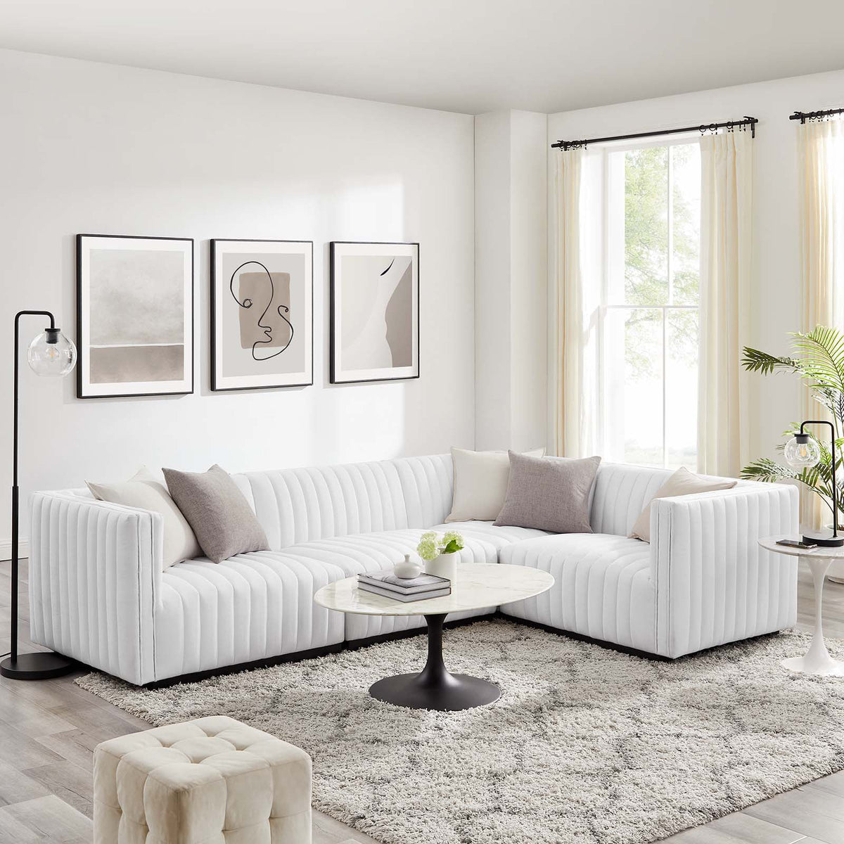 4-Piece L-Shaped Channel Tufted Fabric Sectional O6379