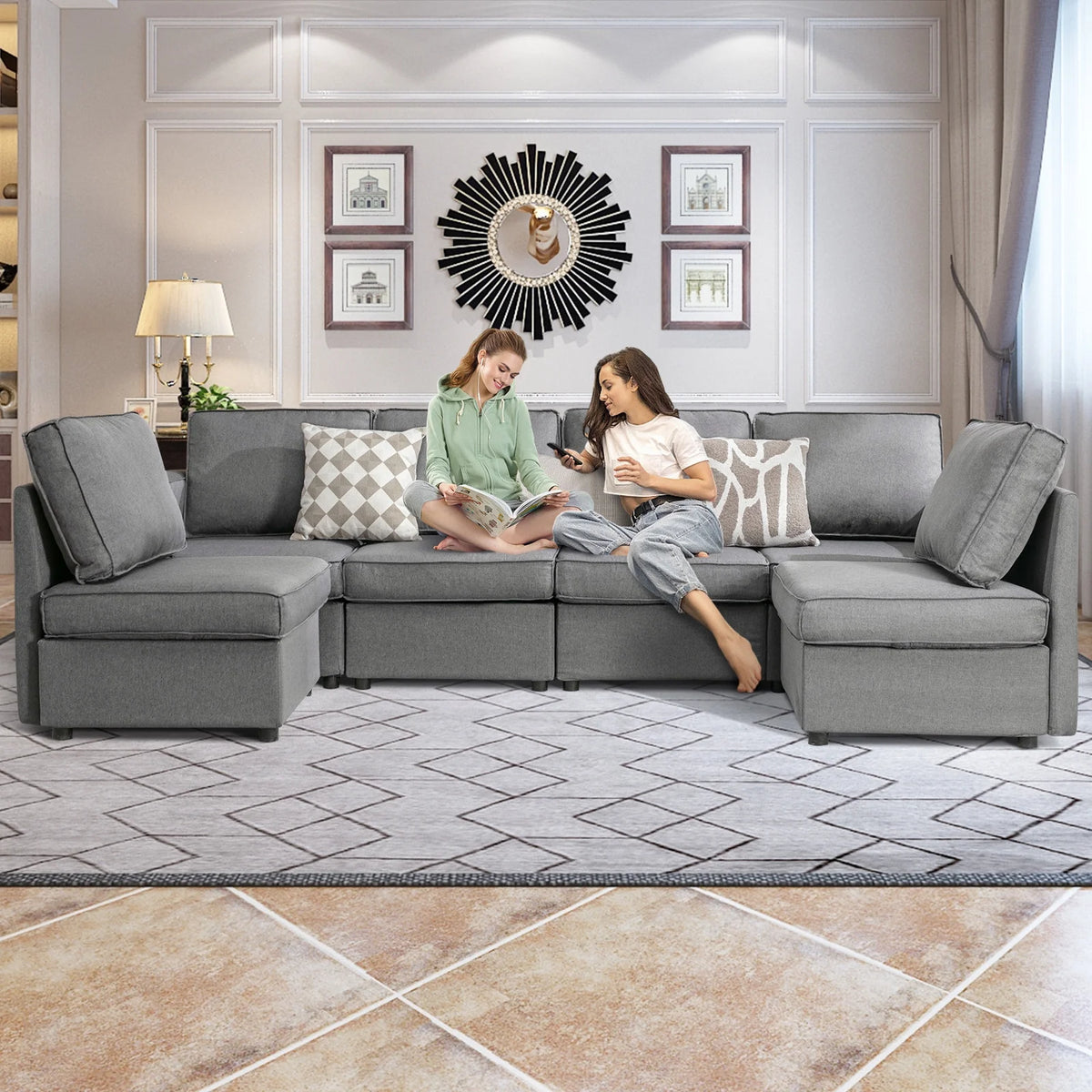 Light Grey U-Shaped Sectional Sofa with Storage and Reversible Chaises A184