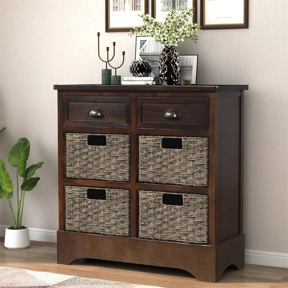 Espresso Wood Storage Cabinet with 2 Drawers and 4 Wicker Baskets V72399