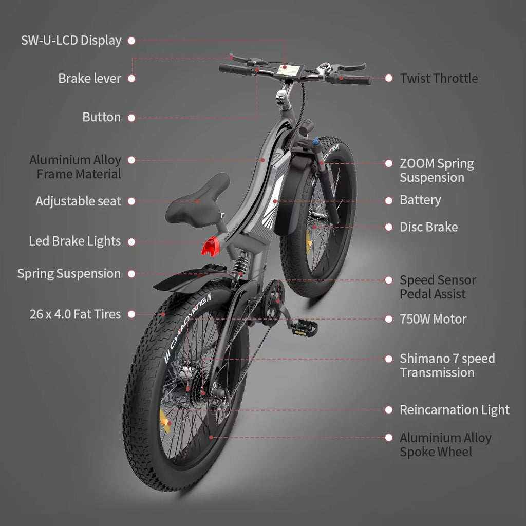 750W Fat Tire Electric Bike 48V 15AH Removable Lithium Battery U398689