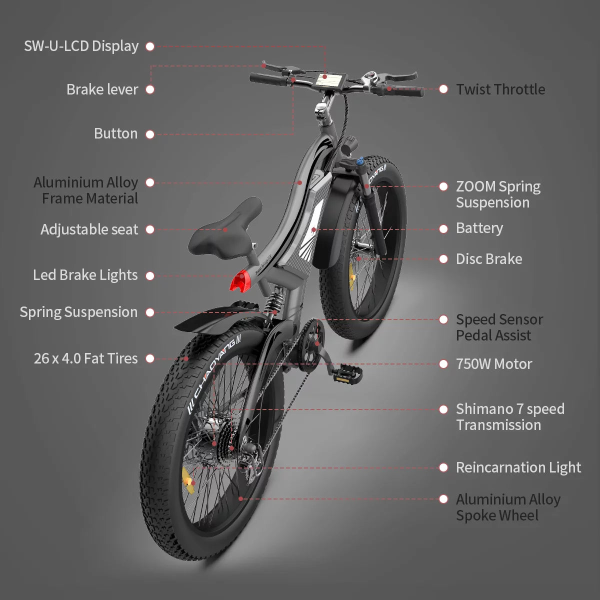 750W Fat Tire Electric Bike 48V 15AH Removable Lithium Battery U398689
