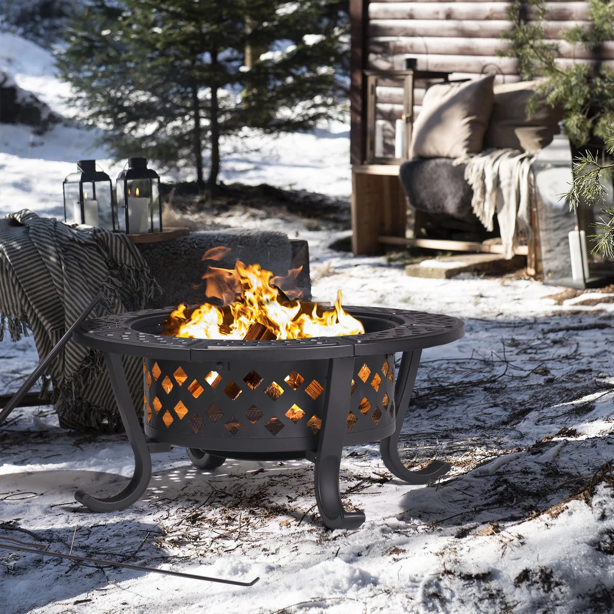 Black Metal Round Fire Pit with 2 Grill J1289