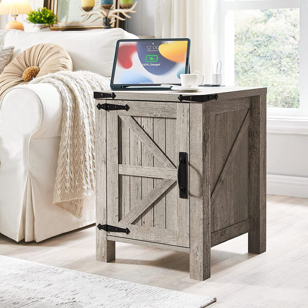 Light Rustic Oak Wood Metal End Side Table with Charging Station V2654