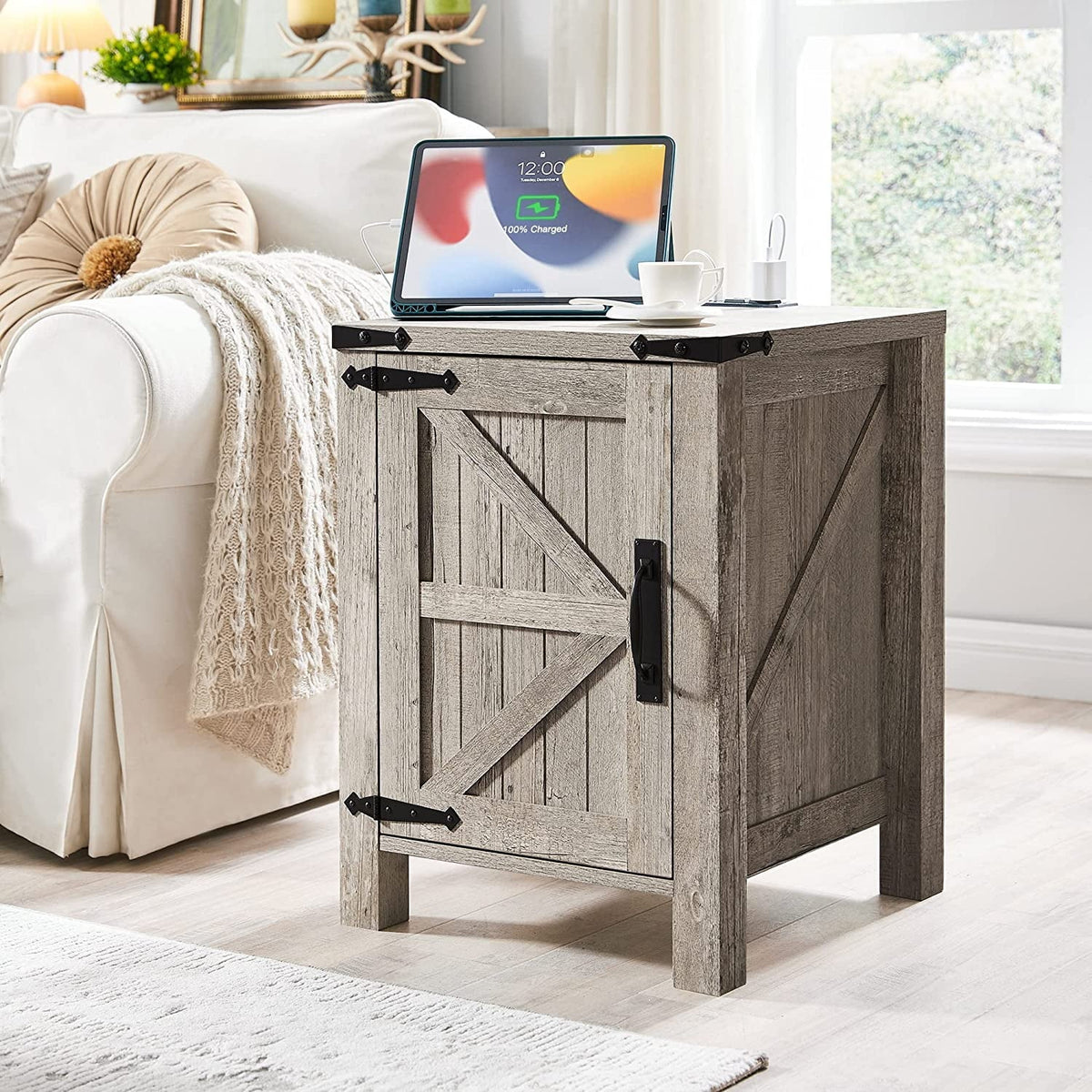 Light Rustic Oak Wood Metal End Side Table with Charging Station V2654