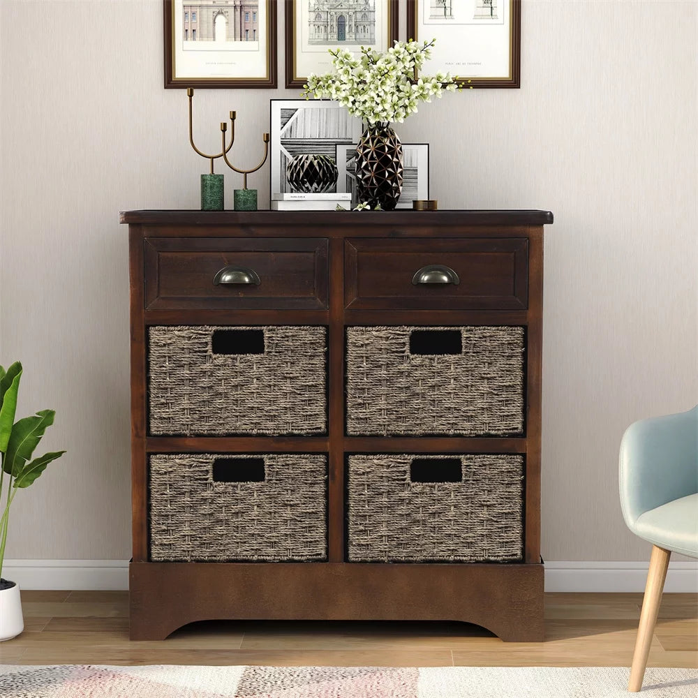 Espresso Wood Storage Cabinet with 2 Drawers and 4 Wicker Baskets V72399