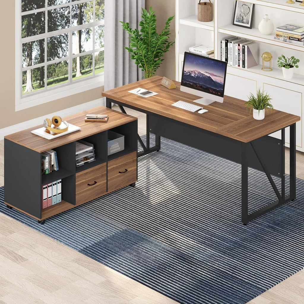 63 inches L-Shaped Computer Desk with Drawers and Storage Shelves U540712