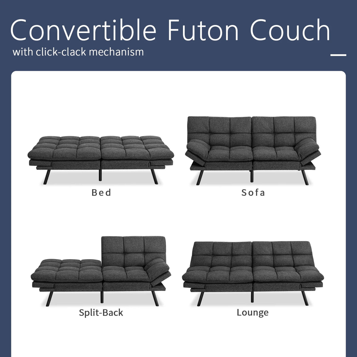 Memory Foam Futon Sofa Bed with Adjustable Armrests and Backrest, Gray P24848