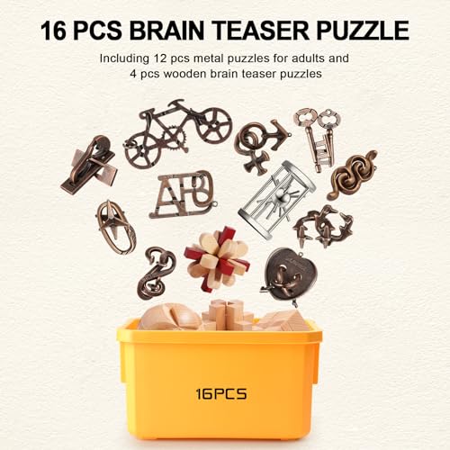 16 PCS Metal & Wooden Brain Teaser Puzzle Set D5576