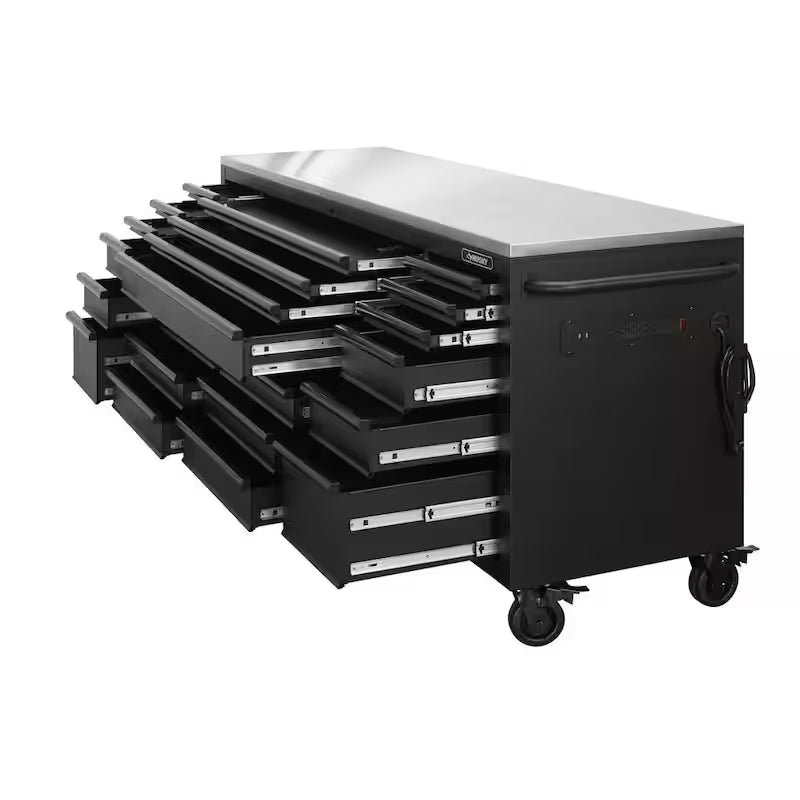 84 in. Heavy Duty Matte Black Mobile Workbench Tool Chest with Stainless Steel Work Top O8971