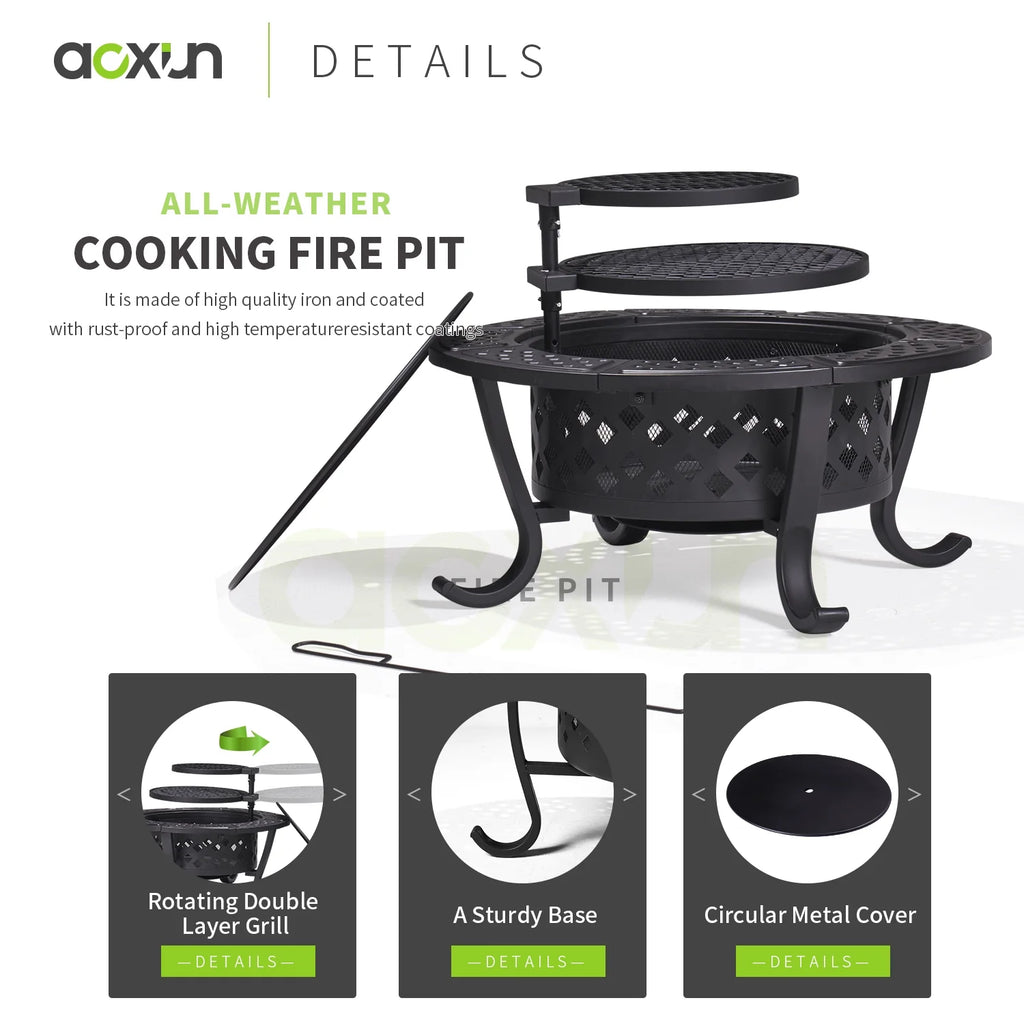 Black Metal Round Fire Pit with 2 Grill J1289