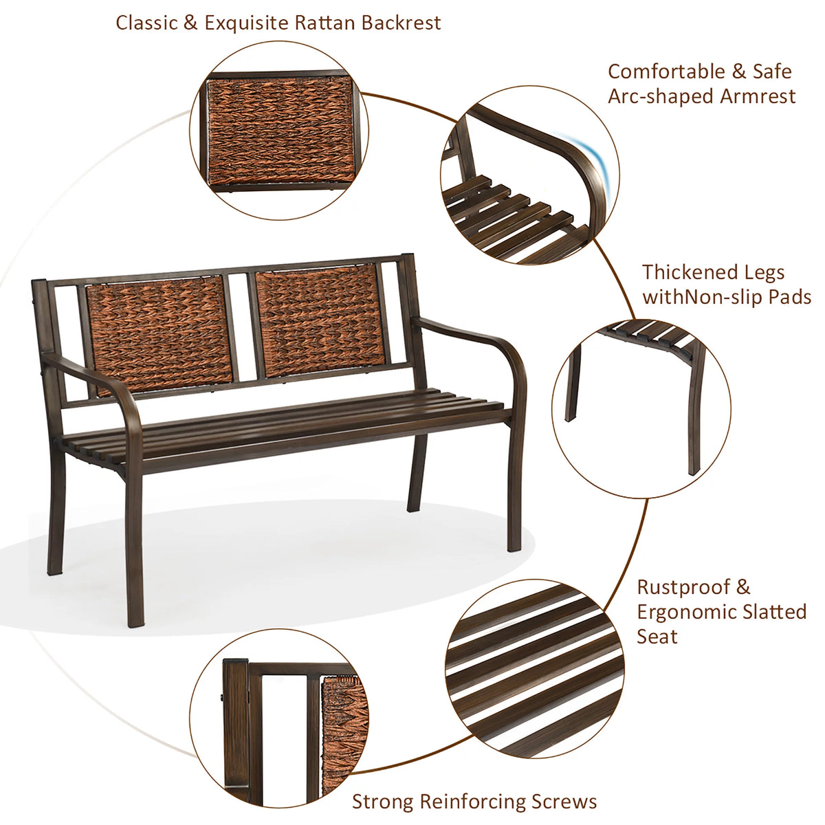Patio Garden Bench Steel Frame Rattan Backrest C126651